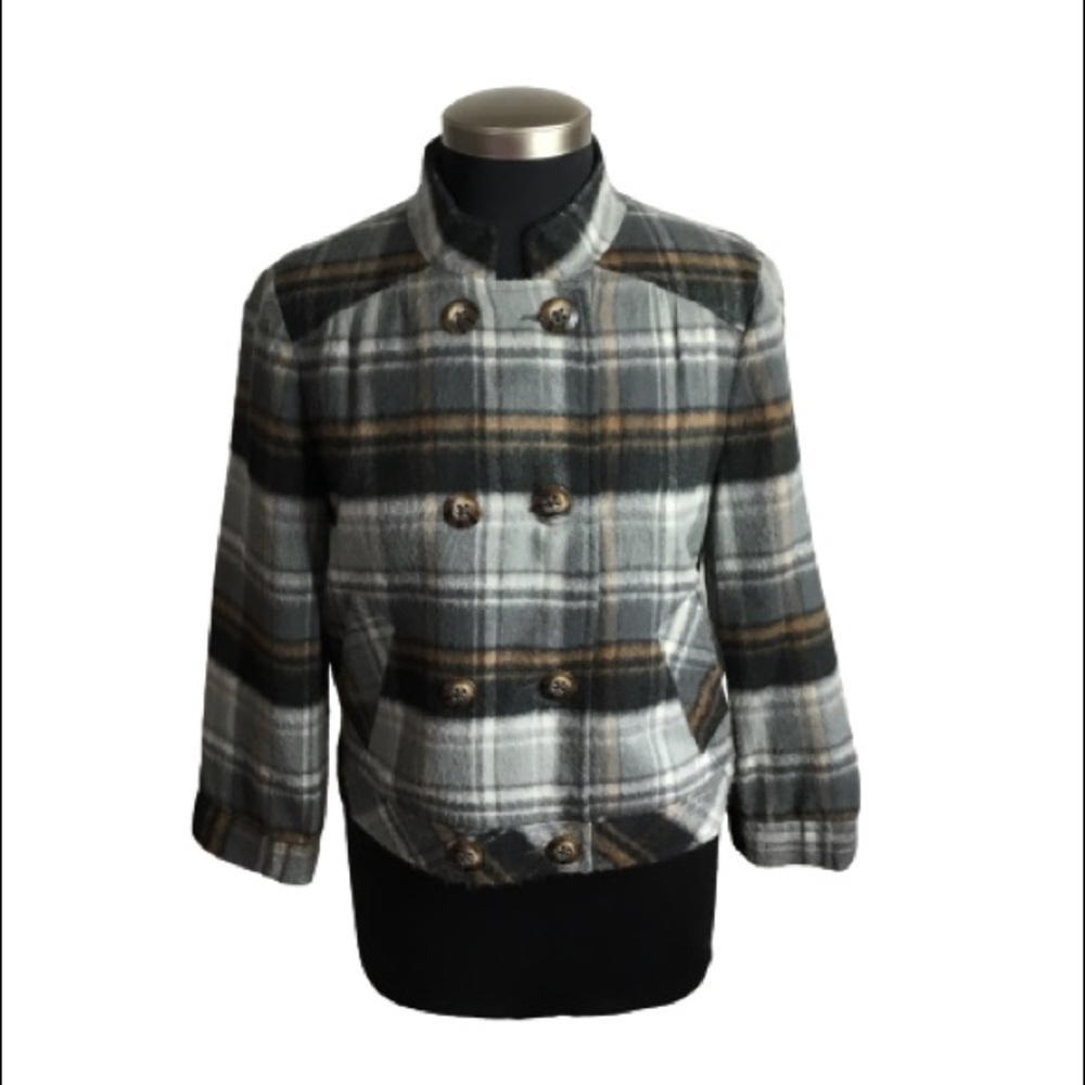 Worthington Double Breasted Jacket Grey Plaid Lined 3/4 Sleeves Size Medium